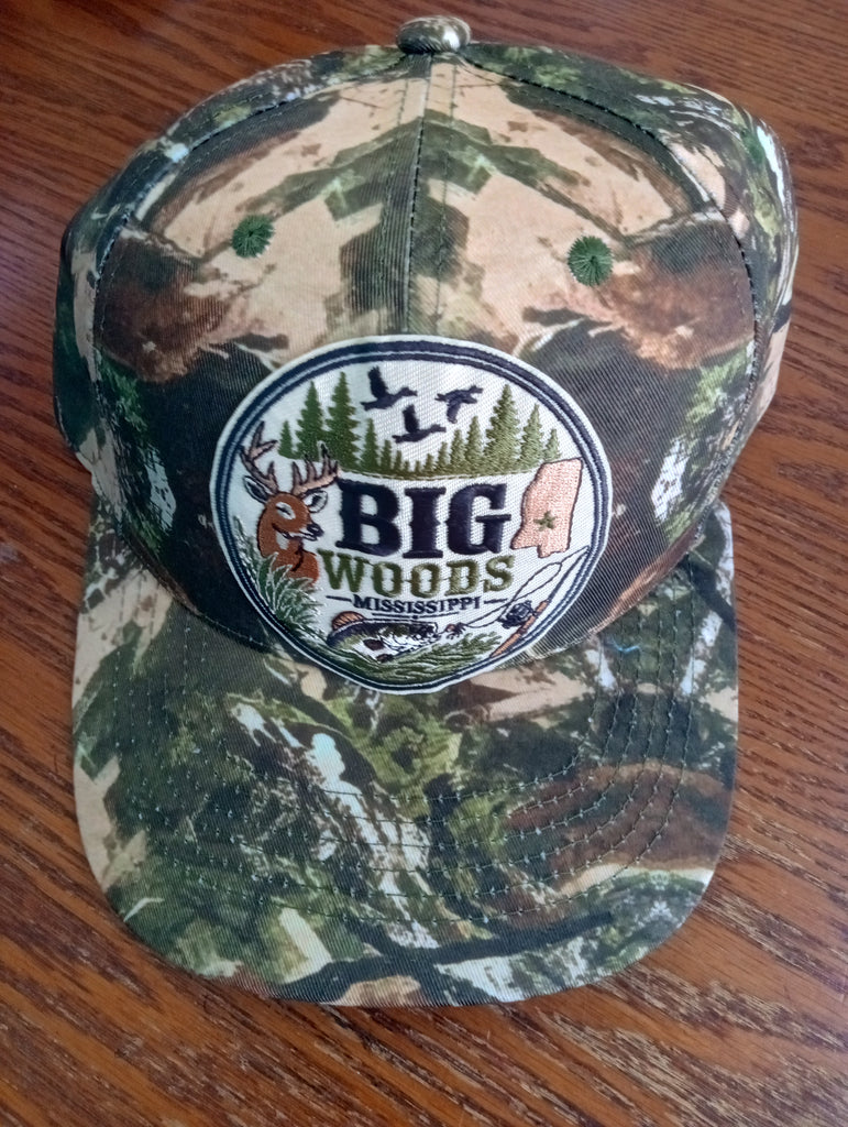 Camo green/tan Hat "BIG WOODS" w/deer/fish/duck
