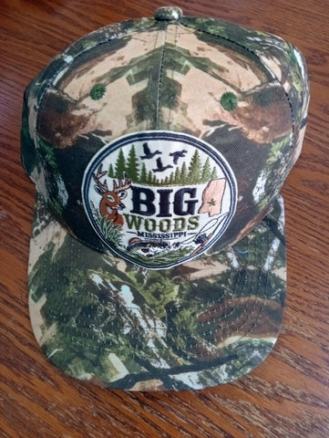 Camo green/tan Hat "BIG WOODS" w/deer/fish/duck