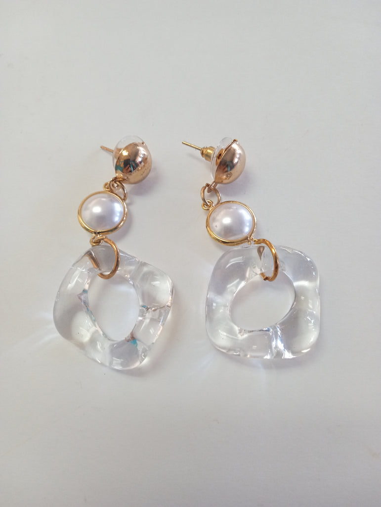 Gold-Tone Faux Pearl Drop Earrings with Wavy Translucent O Pendants
