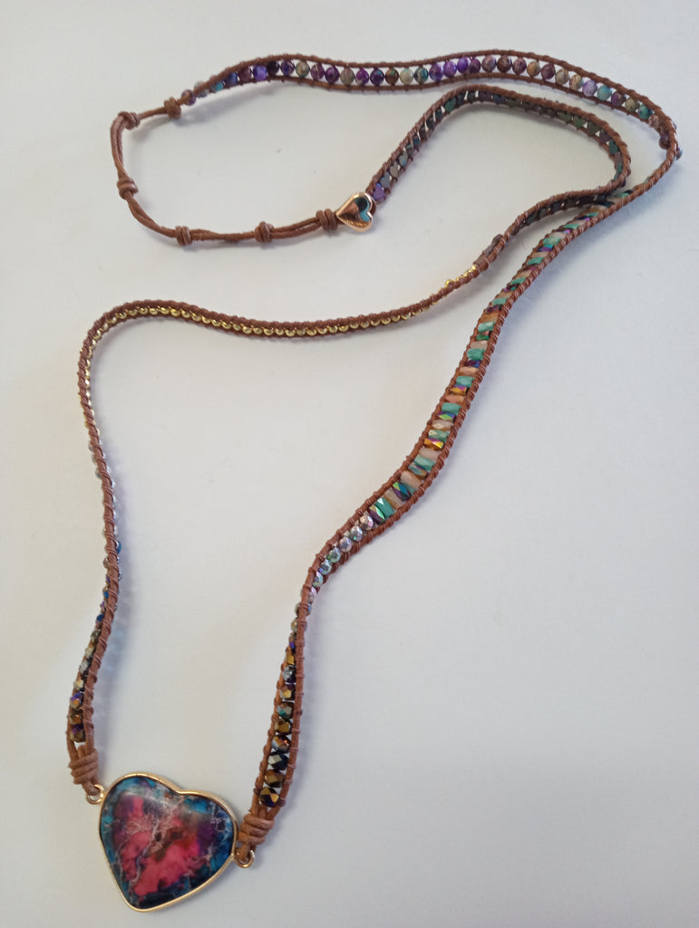 Necklace or Wrap Bracelet gold beads/multi color hearts w/large Heart trim in gold