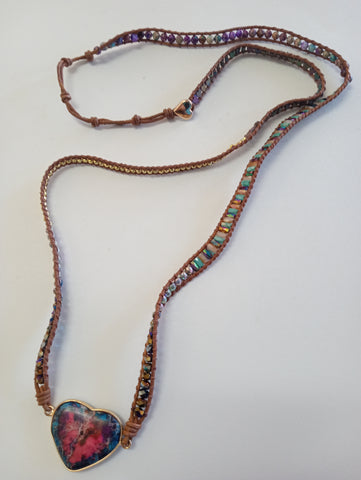 Necklace or Wrap Bracelet gold beads/multi color hearts w/large Heart trim in gold