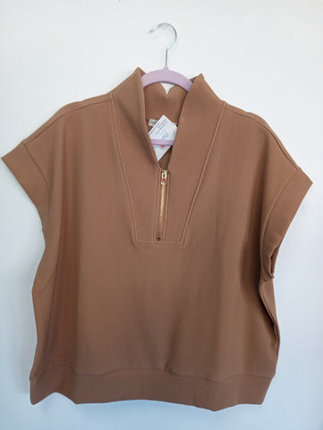 Zenana Brown Zip Up Top | Zip Front Top, Size L/XL