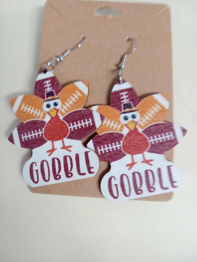 Wood Dangle Earrings w/turkey/football/gobble