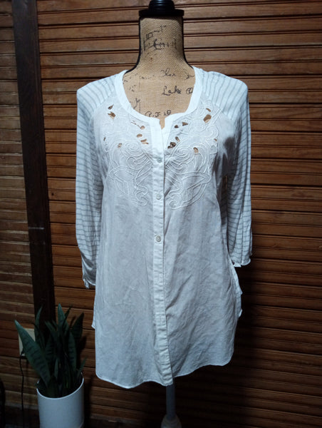 Prelove Nine West VINTAGE AMERICA Large White Blouse button down w back and sleeves white/gray stripes