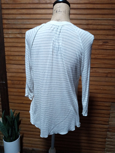 Prelove Nine West VINTAGE AMERICA Large White Blouse button down w back and sleeves white/gray stripes
