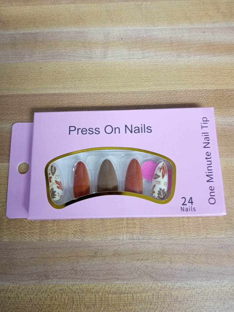 Press On Nails Set of 24: Autumn Almond Fake Nails in Rust, Brown & Floral