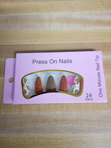 Press On Nails Set of 24: Autumn Almond Fake Nails in Rust, Brown & Floral
