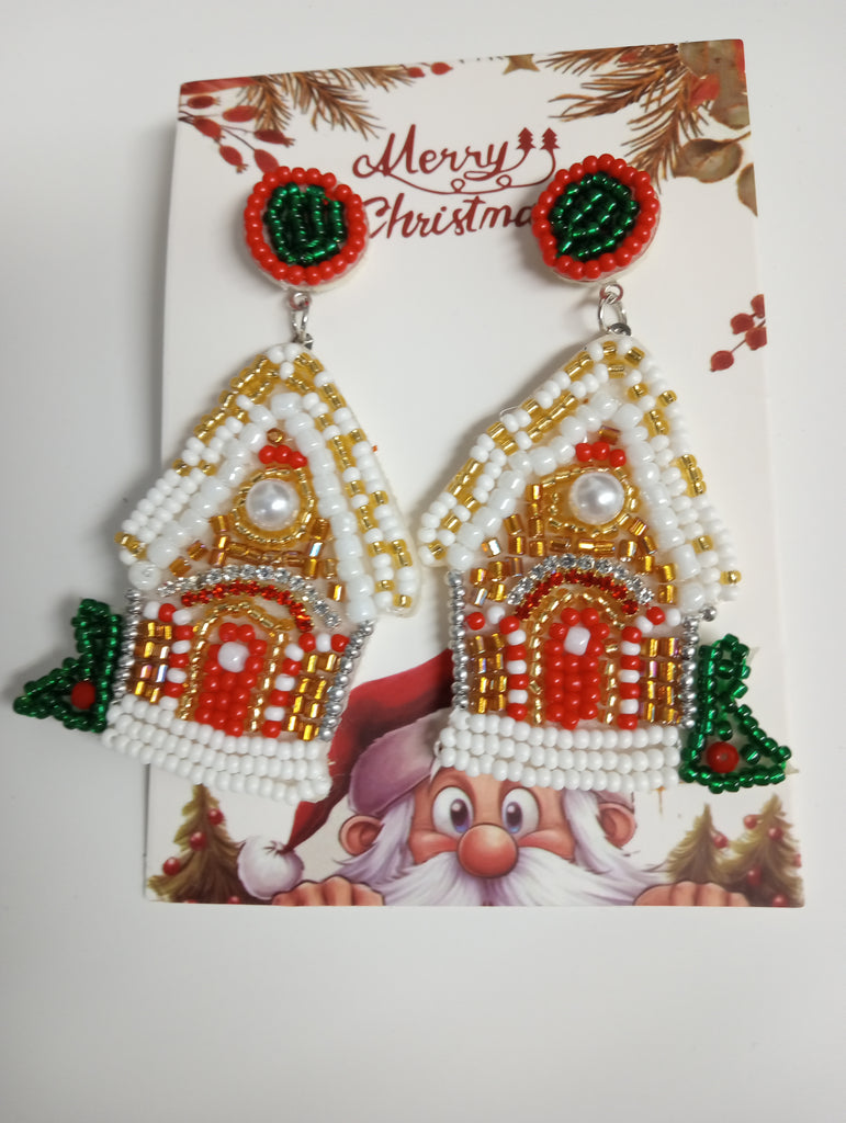 Christmas 2" Beaded Gingerbread House Stud Earrings