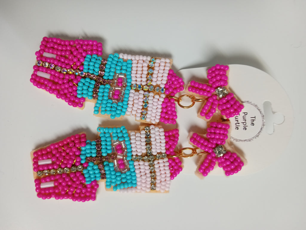 Beaded Pink/blue 3-tier gift box stacked w/bow stud earrings
