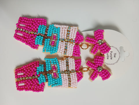 Beaded Pink/blue 3-tier gift box stacked w/bow stud earrings