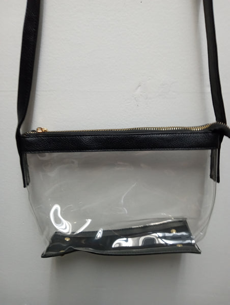 Clear 10"x7" Zip Up Bag trimmed in Black w/Black faux leather strap