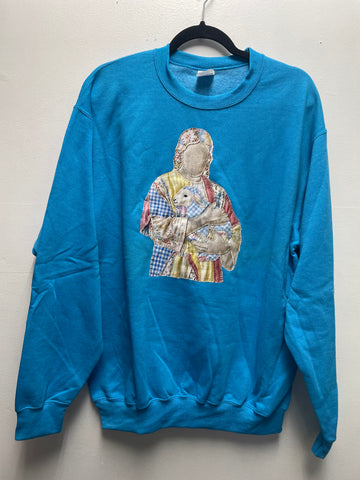 Port & Co. Blue Sweatshirt w/Jesus & Lamb  patchwork OhhMy! Gifts and Things, LLC