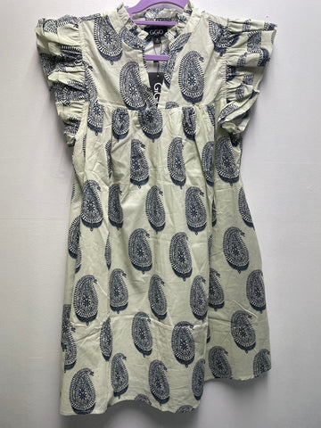 GiGiO Cream Navy Paisley V-Neck Dress w/3 tier Ruffled sleeve Amanda Queen