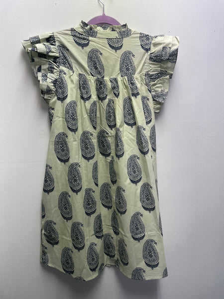 GiGiO Cream Navy Paisley V-Neck Dress w/3 tier Ruffled sleeve Amanda Queen