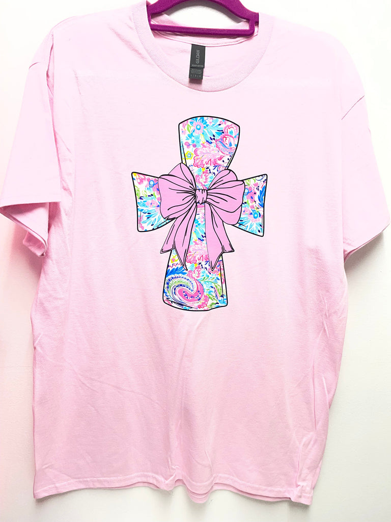 T-shirt w/multi color Floral Cross/Bow Amanda Queen