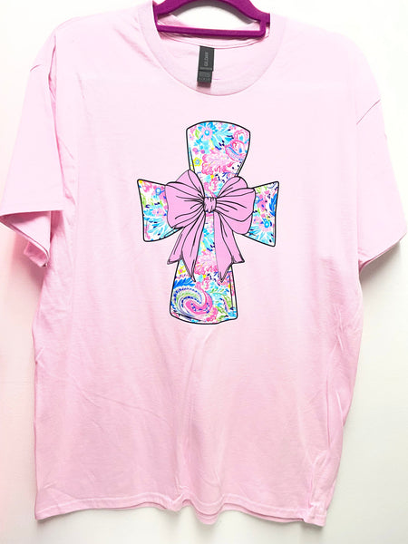 T-shirt w/multi color Floral Cross/Bow Amanda Queen