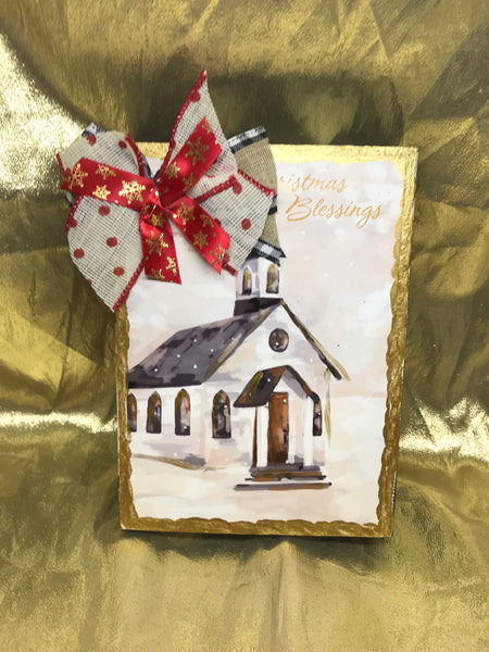2x6 Christmas Blessing Church/w red white ribbon