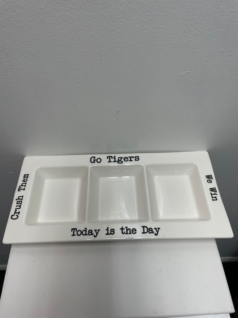 7"X15" 3 tier White "Go Tigers" dip platter Amanda Queen