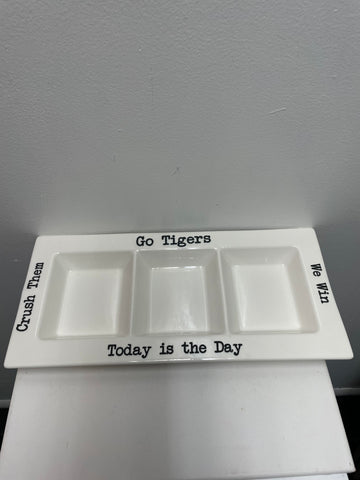 7"X15" 3 tier White "Go Tigers" dip platter Amanda Queen