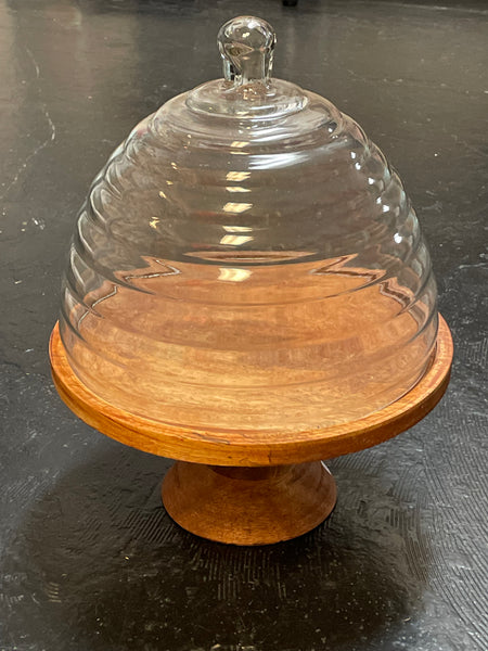 13"Tx10" round Glass Honey Hive Cloche with wood stand Amanda Queen