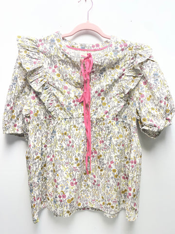 Umgee Cream/floral/pink/blue/with 3/4 sleeve pink ribbon top
