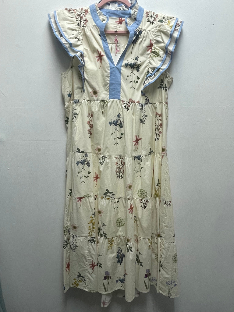 Cream Floral Midi Dress with Light Blue Trim | Feminine Boho Style Landon Ramsey-Maria Briones