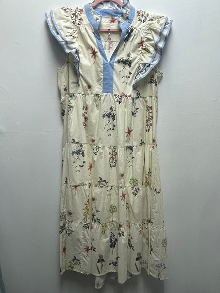 Cream Floral Midi Dress with Light Blue Trim | Feminine Boho Style Landon Ramsey-Maria Briones