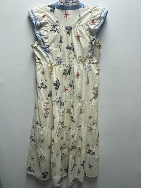 Cream Floral Midi Dress with Light Blue Trim | Feminine Boho Style Landon Ramsey-Maria Briones