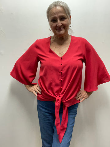 Red V-Neck Button up w/Flared Sleeves