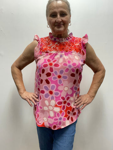 Floral Red/Pink Ruffle Neck Red Embroidery Front