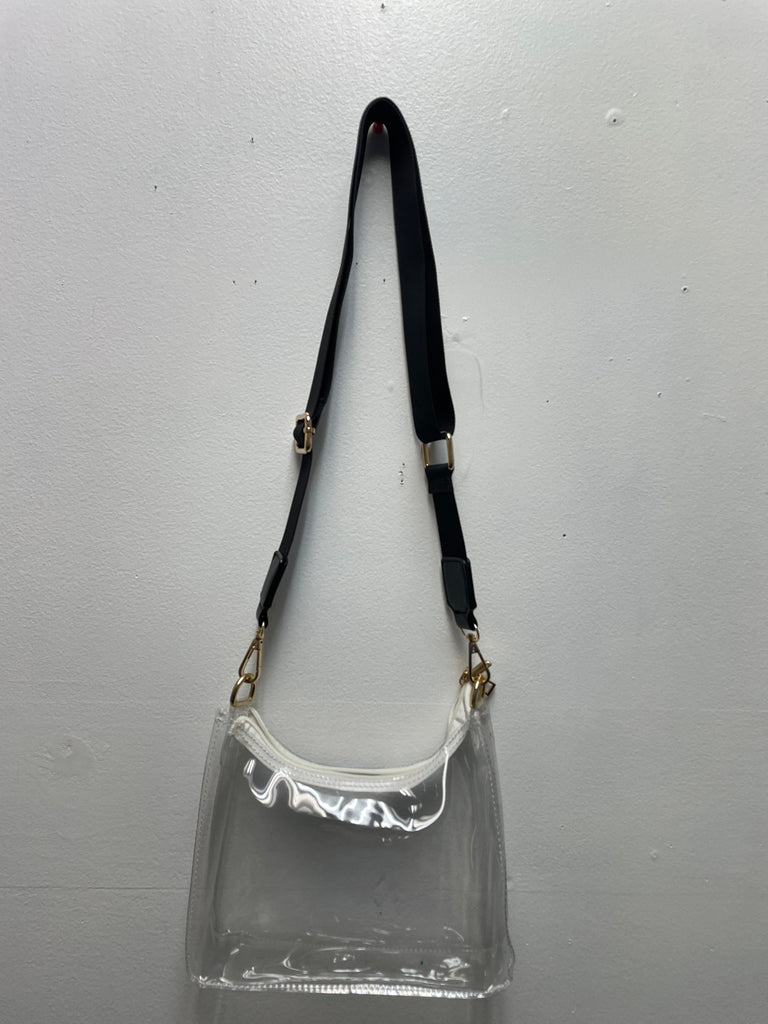 9"x6" Clear Crossbody Bag | White Trim & Black Strap | Stadium Amanda Queen