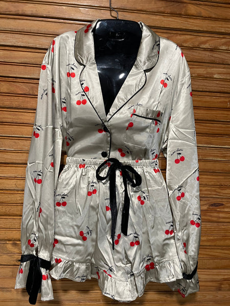 Bella Sleep & Spa Cherry Print Polyester PJ Set Long pants or shorts – Beige Amanda Queen