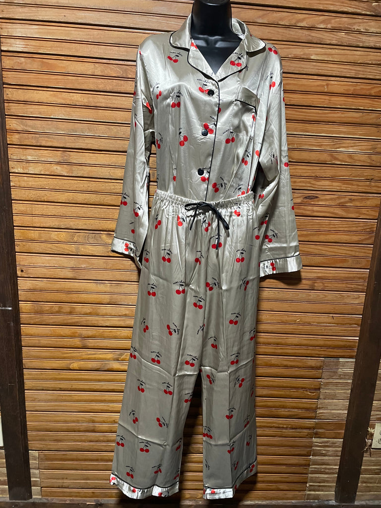 Bella Sleep & Spa Cherry Print Polyester PJ Set Long pants or shorts – Beige Amanda Queen