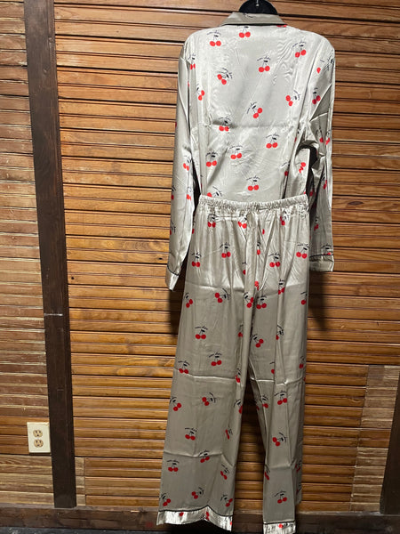 Bella Sleep & Spa Cherry Print Polyester PJ Set Long pants or shorts – Beige Amanda Queen