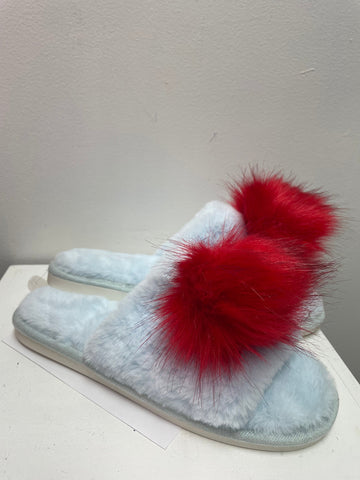 Bella Plush Light Blue Slippers – Red PomPom House Shoes Amanda Queen