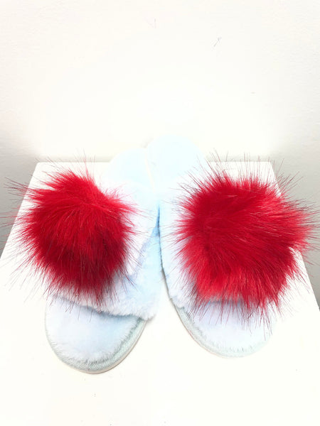 Bella Plush Light Blue Slippers – Red PomPom House Shoes Amanda Queen