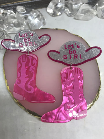 Silver Cowgirl Hat Saying "Let's Go Girl" with Hot Pink Cowgirl Boots