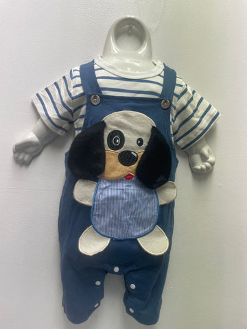 Guangzhou Wellantu Clothing Onesie w/Trouser w/puppy dog/w socks-blue stripe onesie with solid blue trousers 