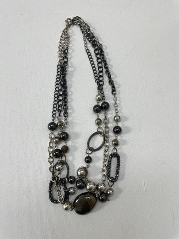 3 Chain Black/Silver Beaded Bid Necklace