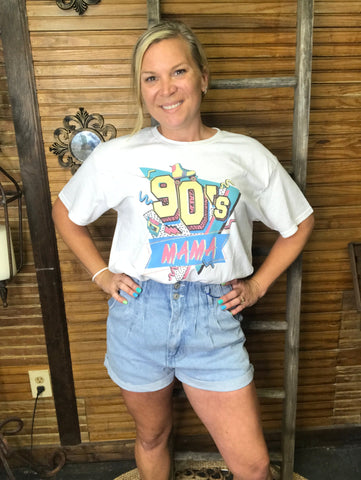 White 90's Themed Shirt with "90's Mama" on The Front