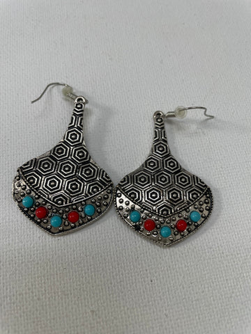 Silver Aztec/Red & Teal Earrings-Geni Bottle Shape