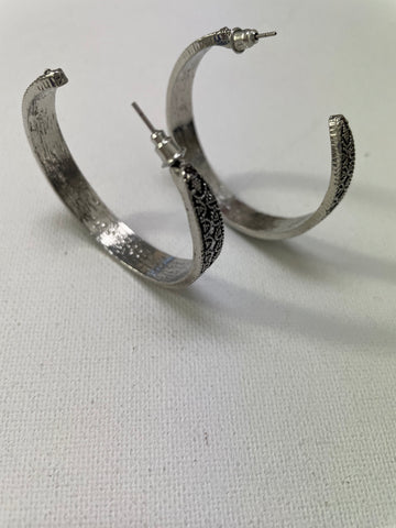 Large Round Silver Design Hoop Earrings