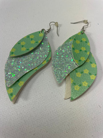 3 Tier Green/Silver Leaf Shape Earrings