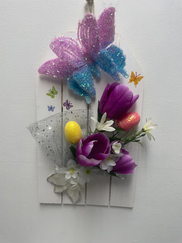 14"x8"Home Decor Wall Hangers-White fence with floral butterfly