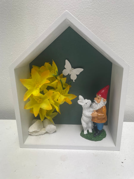 Home Decor Shelf Sitters-6"X5" Yellow flowers w/Gnome w/rabbit
