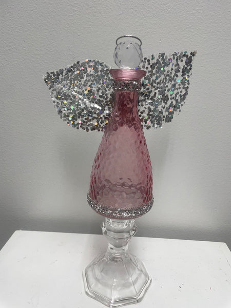 10 1/2" Tall Glass Angel Decor w/Wings-Light Pink glass w/glitter silver wings