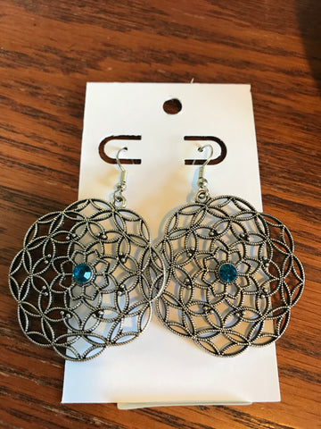Silver Geometric w/Blue Stone Earrings