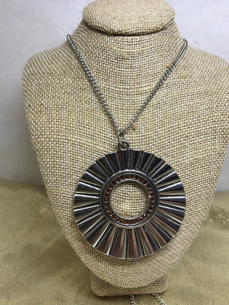 Silver Large Aztec w/Orange Circle Stones Necklace
