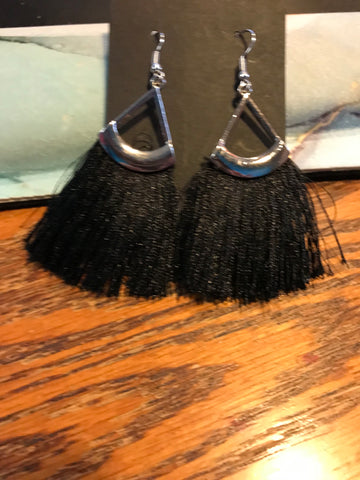 Silver Rectangle Black Tassel Earrings