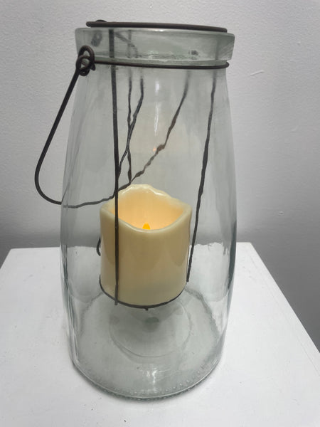 10" Glass Jar w/handle w/Flameless Candle